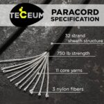 TECEUM Paracord Type IV 750 lb Black 016 – 50 ft – 4mm – 100% Nylon Strong Tactical MIL–SPEC Parachute Cord – Survival Rope Emergency para Cord 11 Strands Core EDC Camping Hiking Military Gear 016a n