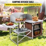 VEVOR Camping Kitchen Table, Aluminum Portable Folding Camp Cook Station with Windscreen, Cupboard, Storage Organizer, Carrying Bag, Quick Installation for Outdoor Picnic Beach BBQ RV Traveling, Brown