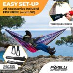 Foxelli Camping Hammock – Lightweight Parachute Nylon Portable Hammock with Tree Ropes and Carabiners, Perfect for Outdoors, Backpacking, Hiking, Camping, Travel, Beach, Backyard & Garden